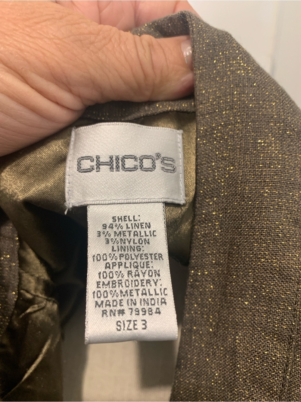 Chico's Olive Brown Knit Jacket with Gold Metallic Thread size 3 - Picture 5 of 6